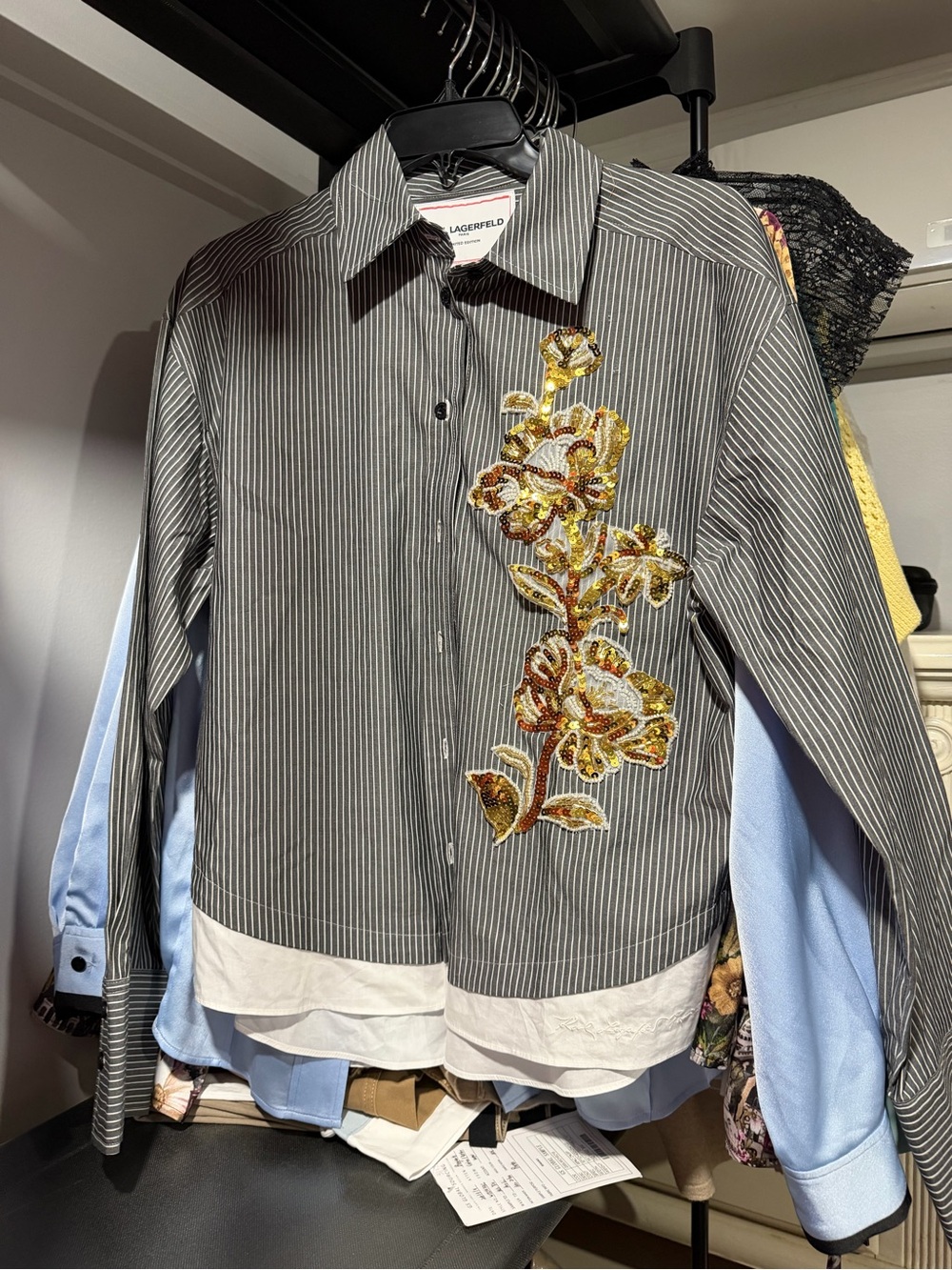 Karl Lagerfeld Gray Pinstripe Button-Down with Gold Floral Appliqué